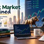 Stock market concept showing investors analysing share prices, market charts and business performance.