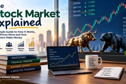 Stock market concept showing investors analysing share prices, market charts and business performance.
