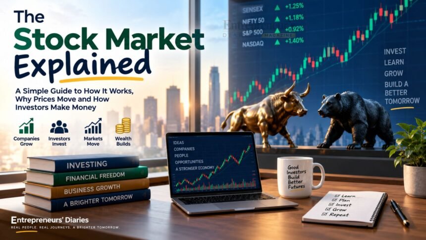 Stock market concept showing investors analysing share prices, market charts and business performance.