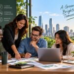 Business leaders discussing sustainability, responsible growth and environmental impact while planning a long-term sustainable business strategy.