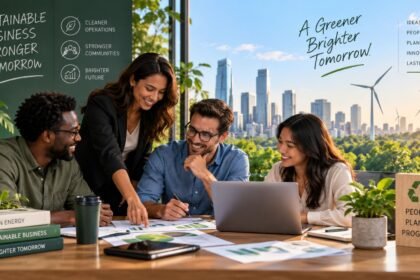 Business leaders discussing sustainability, responsible growth and environmental impact while planning a long-term sustainable business strategy.