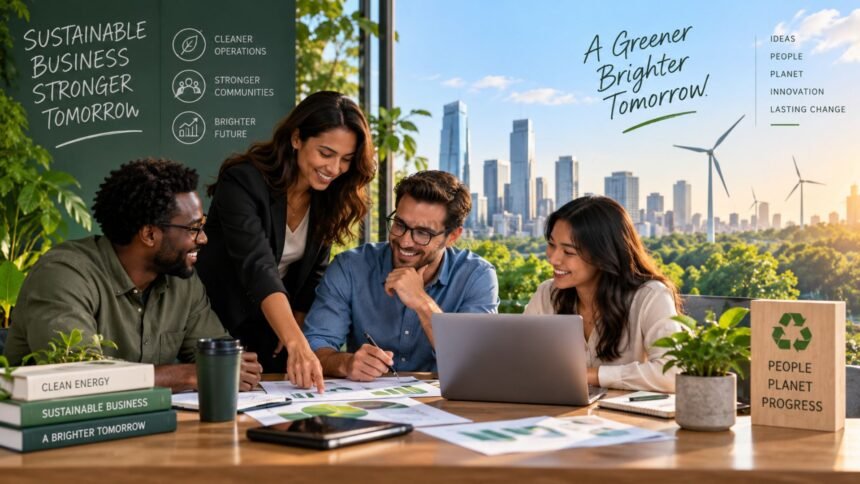 Business leaders discussing sustainability, responsible growth and environmental impact while planning a long-term sustainable business strategy.