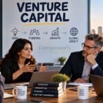 Founder discussing venture capital and startup funding with investors during a business meeting.