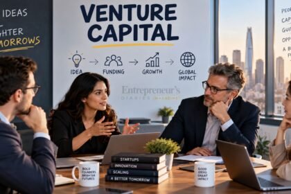 Founder discussing venture capital and startup funding with investors during a business meeting.