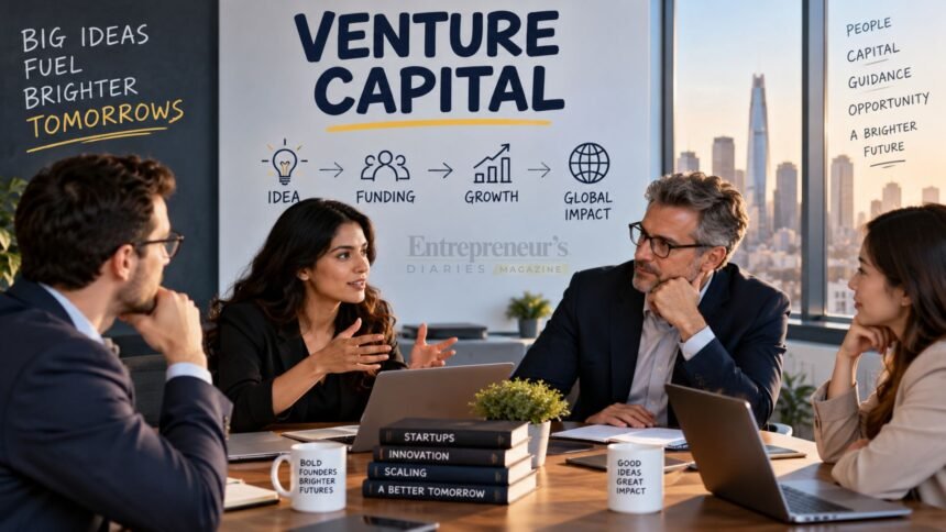 Founder discussing venture capital and startup funding with investors during a business meeting.
