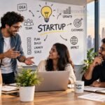 Startup founders discussing a new business idea and growth strategy while building an innovative company.