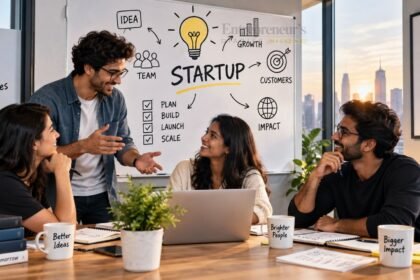 Startup founders discussing a new business idea and growth strategy while building an innovative company.