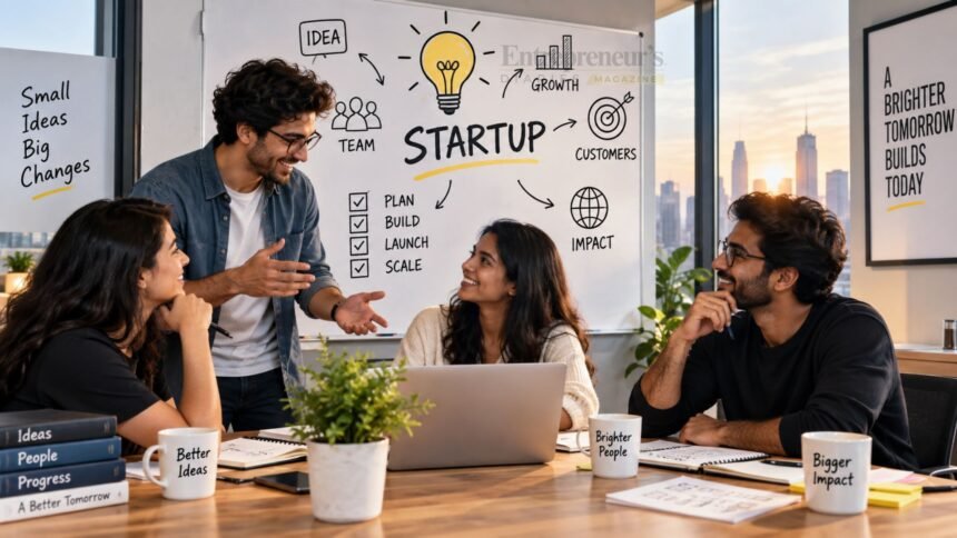 Startup founders discussing a new business idea and growth strategy while building an innovative company.