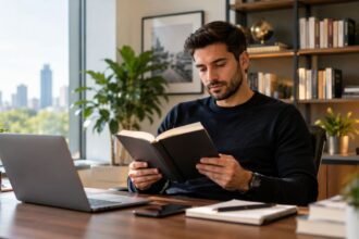 Entrepreneur reading a business book at a modern office desk with notebooks and a laptop nearby, representing continuous learning, leadership development and smarter business decision making.