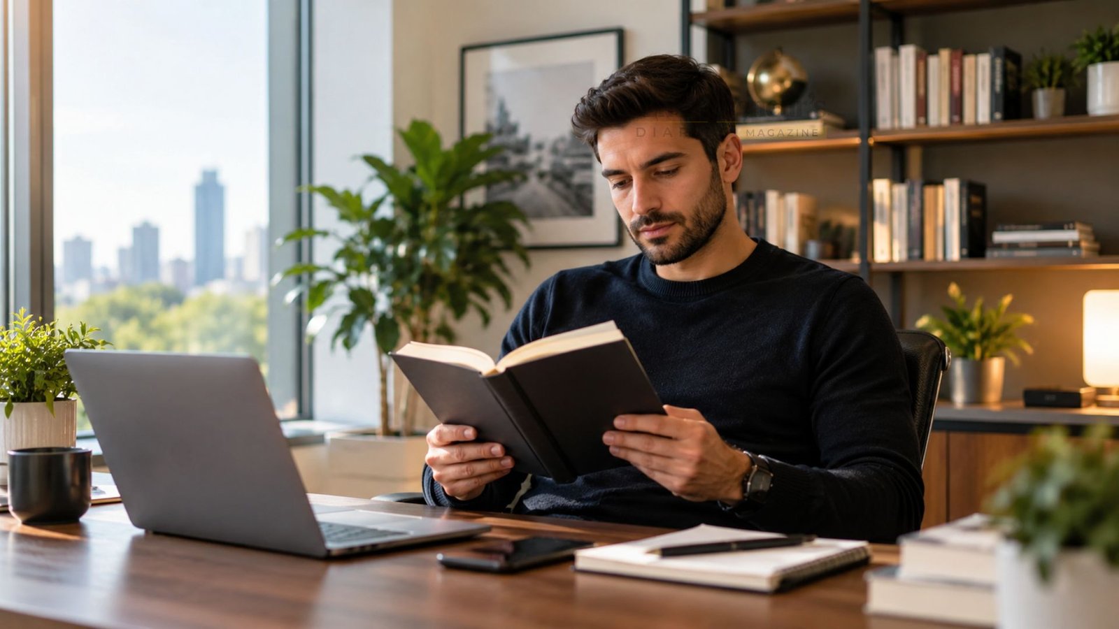 Entrepreneur reading a business book at a modern office desk with notebooks and a laptop nearby, representing continuous learning, leadership development and smarter business decision making.