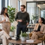 Diverse entrepreneurs and business professionals wearing modern business casual outfits while meeting in a bright contemporary office.