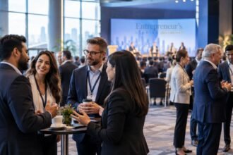 Founders and international business leaders networking at a professional business event and discussing new opportunities.