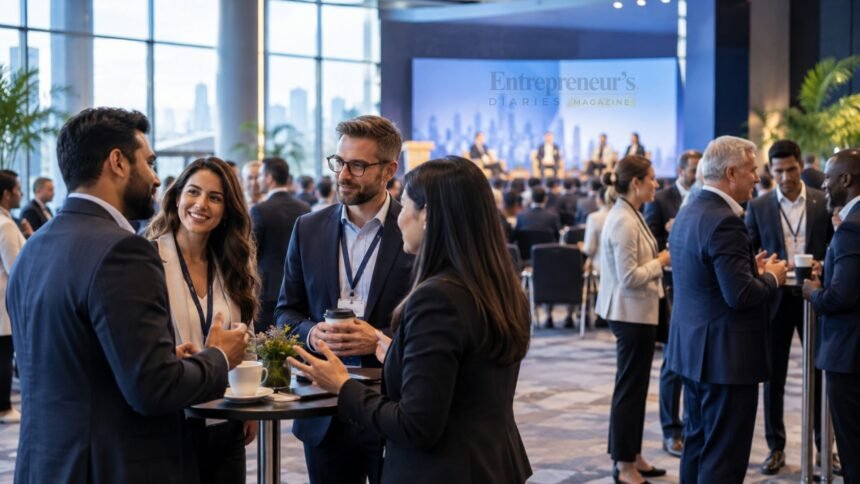 Founders and international business leaders networking at a professional business event and discussing new opportunities.