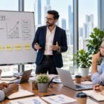 Business leaders discussing business strategy and growth plans around a table with charts and strategic notes in a modern office.
