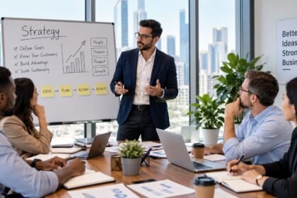 Business leaders discussing business strategy and growth plans around a table with charts and strategic notes in a modern office.
