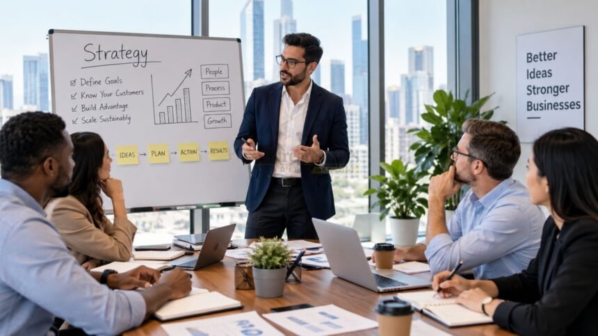 Business leaders discussing business strategy and growth plans around a table with charts and strategic notes in a modern office.