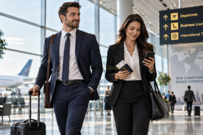 Business traveller preparing for an international work trip while reviewing meetings and travel plans at a modern airport.