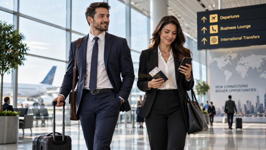 Business traveller preparing for an international work trip while reviewing meetings and travel plans at a modern airport.