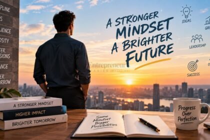 Entrepreneur reflecting on business strategy and developing a positive leadership mindset for growth.