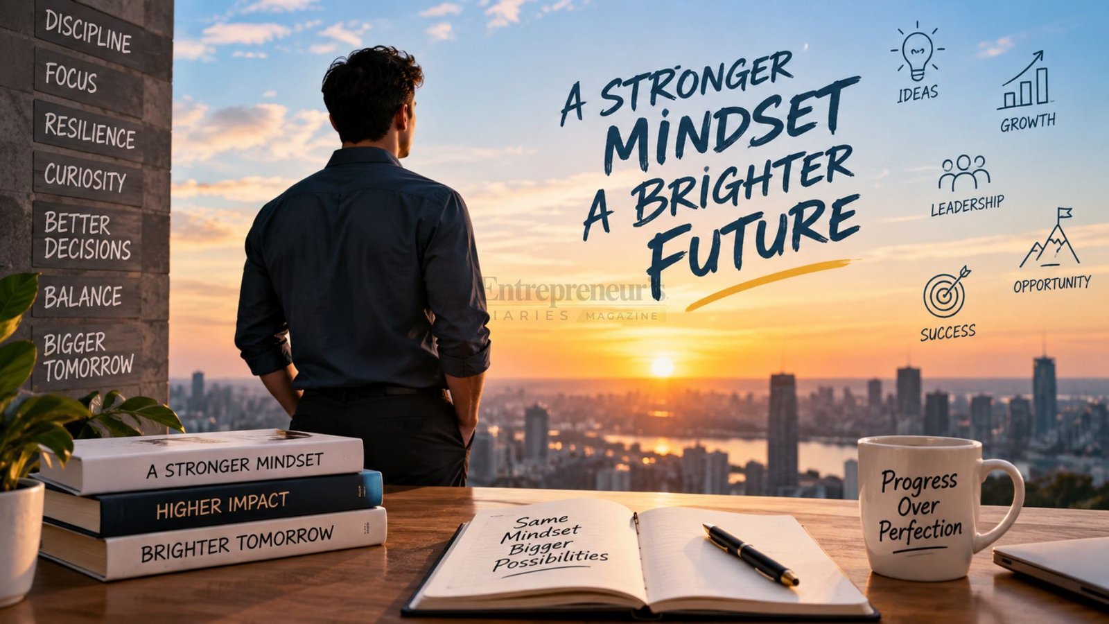 Entrepreneur reflecting on business strategy and developing a positive leadership mindset for growth.