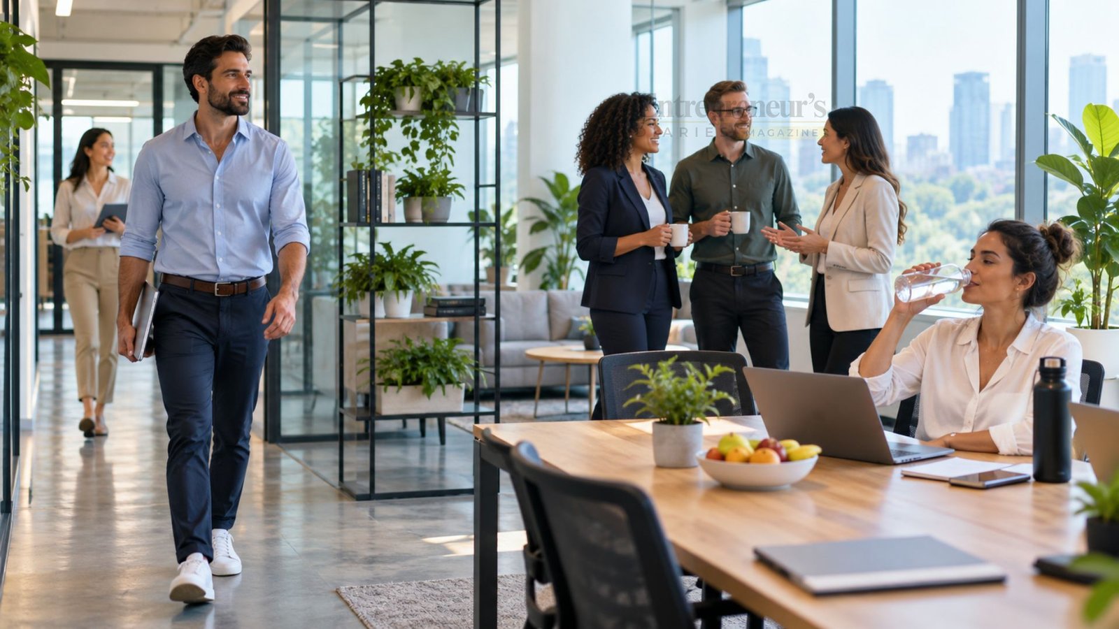 Entrepreneurs and business leaders taking a healthy break in a bright modern workplace, representing wellness, balanced leadership, physical health and sustainable business performance.